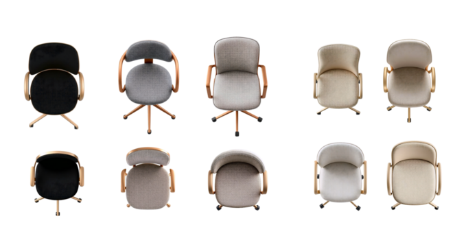 Set Highly detailed top view of elegant designer office chair with copper, gold or champagne frame and expensive fabric upholstery, for design floor;