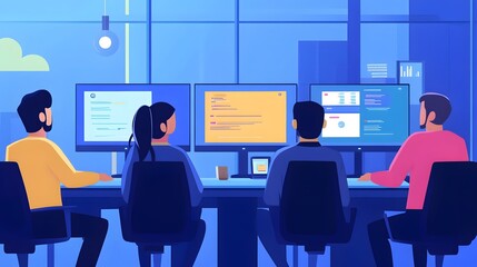 a team of four people at a computer and working. A dynamic work setting with people engaging in technological tasks.