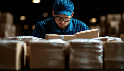 Worker with glasses inspecting plastic-wrapped packages in dark warehouse .Generated with AI