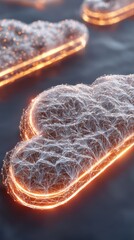 Cloud technology digital data storage concept. Digital rendering of illuminated clouds with intricate details and glowing outlines.