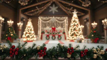 Blurred Traditional Christmas Living Room Decoration. Elegant Grand Festive Holiday Interior Scene