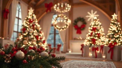 Blurred Traditional Christmas Living Room Decoration. Elegant Grand Festive Holiday Interior Scene
