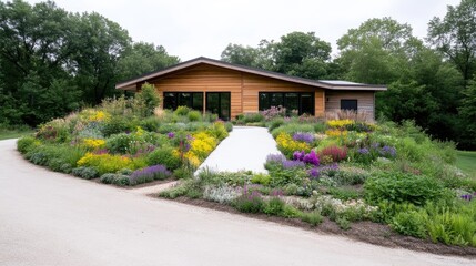 Naklejka premium Modern building nestled within a vibrant flower garden