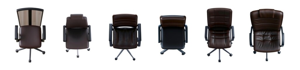 set of the Highly detailed top view of office director chair made of dark brown chocolate leather on transparent background, for floor design;