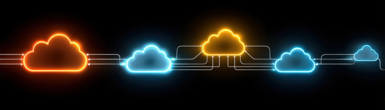 Cloud technology digital data storage concept. Neon cloud graphics connected by lines on a dark background, symbolizing cloud computing and digital technology.