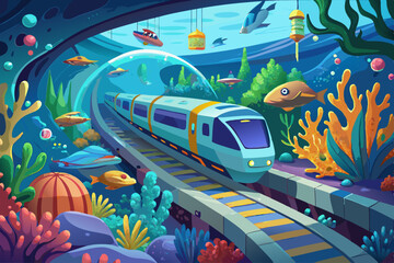 vector of A futuristic train travels through an underwater tunnel surrounded by marine life.
