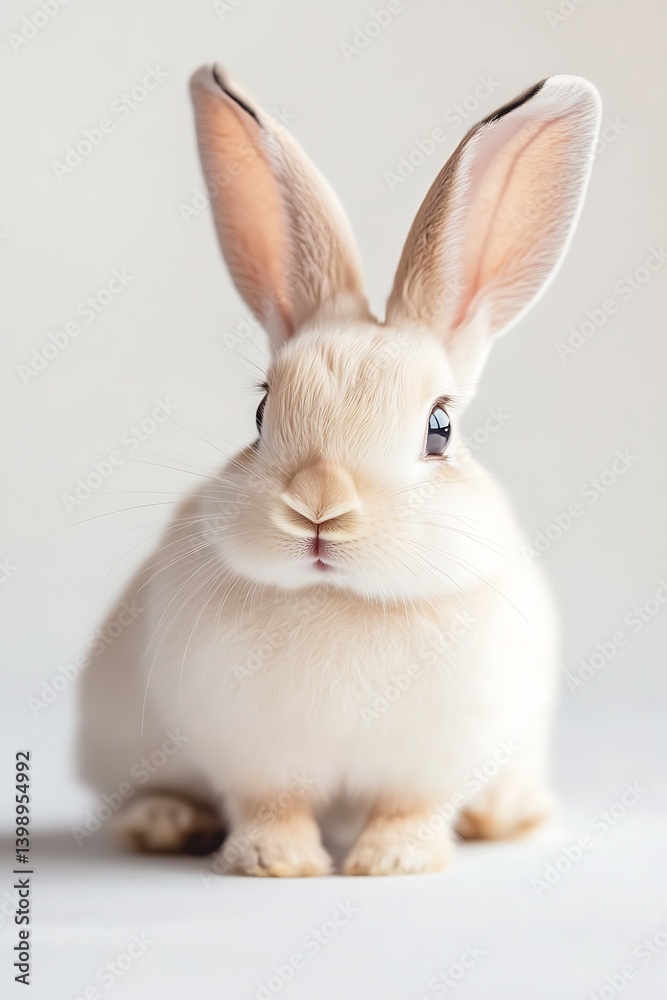 Poster charming white rabbit with fluffy fur and expressive eyes sitting calmly against a light background 