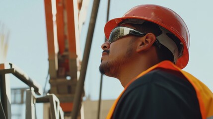 A Hispanic construction worker operating a crane on-site. Featuring machinery and control