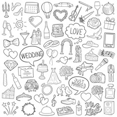 Wedding Party Doodle Line Art Illustration. Hand Drawn Vector Clip Art Set. 