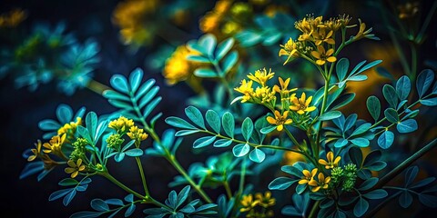 Low Light Rue Photography: Nighttime Ruta Graveolens Images, Dark Rue Plant Pictures,  Low-Light Botanical Photography,  Rue in Shadows