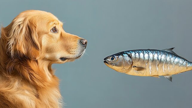 Golden retriever facing red seabream (madai) on wooden floor
