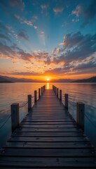 Obraz premium Influencer marketing travel concept. A serene sunset view over water from a wooden pier, with vibrant colors reflecting on the calm surface and clouds scattered across the sky.