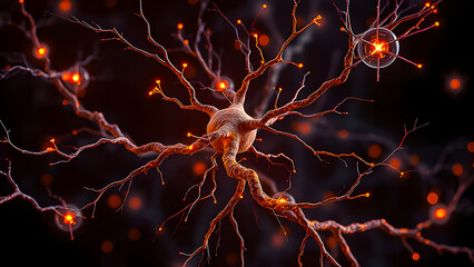 The structure of a neuron with its network, golden flashes, impulses and connections.