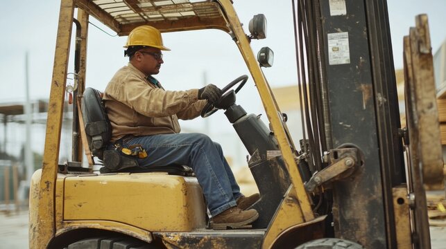 A Hispanic construction worker operating a forklift at a construction site. Featuring focus and efficiency