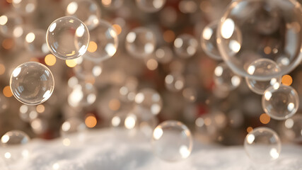 Clear Bubbles over Snow Glitter with Golden Bokeh Background . Magical Festive Winter Bubbles Abstract Scene