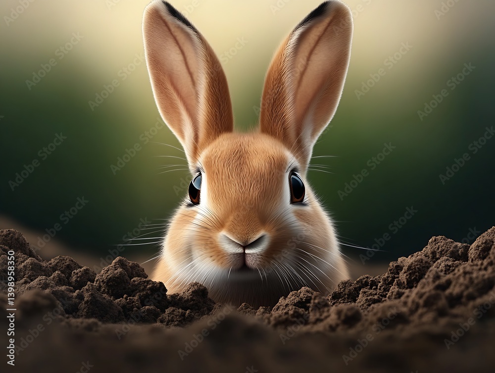 Poster Cute brown rabbit peeking out of the ground surrounded by soft earth and greenery in the background : Generative AI