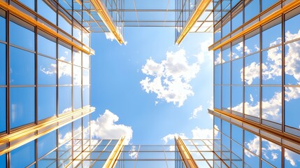 Reflective skyscraper facade against a partly cloudy sky