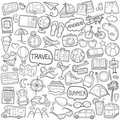 Time to Travel Doodle Line Art Illustration. Hand Drawn Vector Clip Art Set. 