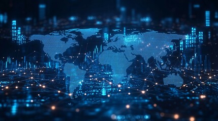 Fototapeta premium Digital world map with glowing lights represents technology and global connectivity.