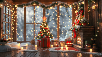 Cozy Christmas Interior Scene with Fireplace Tree Window . Warm Traditional Festive Holiday Home Hygge Background