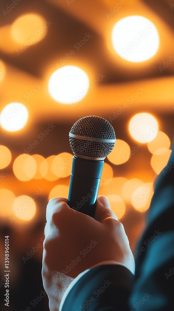 Aufkleber elegant scene featuring a hand gripping a microphone amidst glowing bokeh lights at a gathering : ge