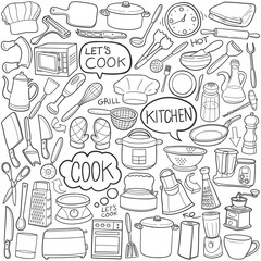 Kitchen Tools Doodle Line Art Illustration. Hand Drawn Vector Clip Art Set.