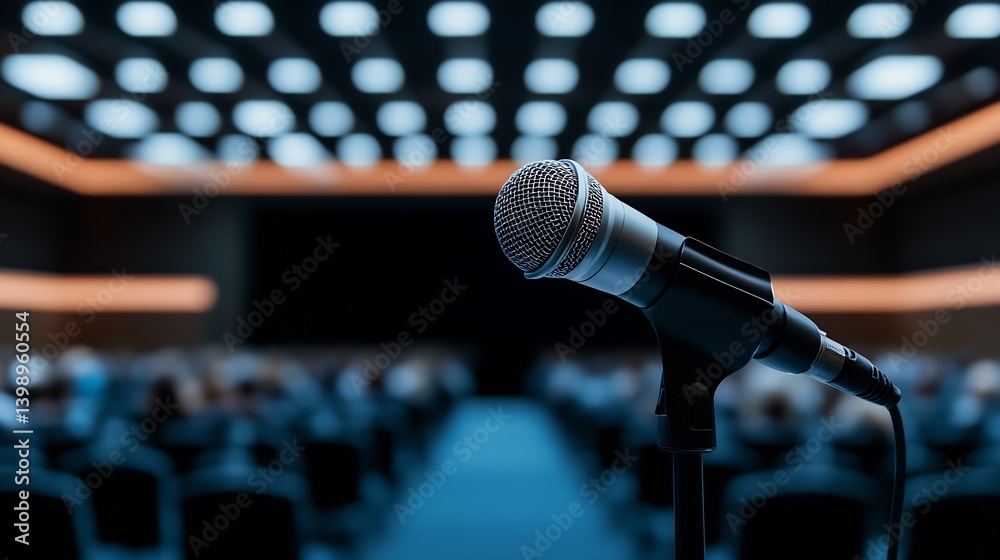Poster Close-up of a microphone positioned in front of an audience, enhancing the atmosphere of a formal presentation or lecture setting : Generative AI
