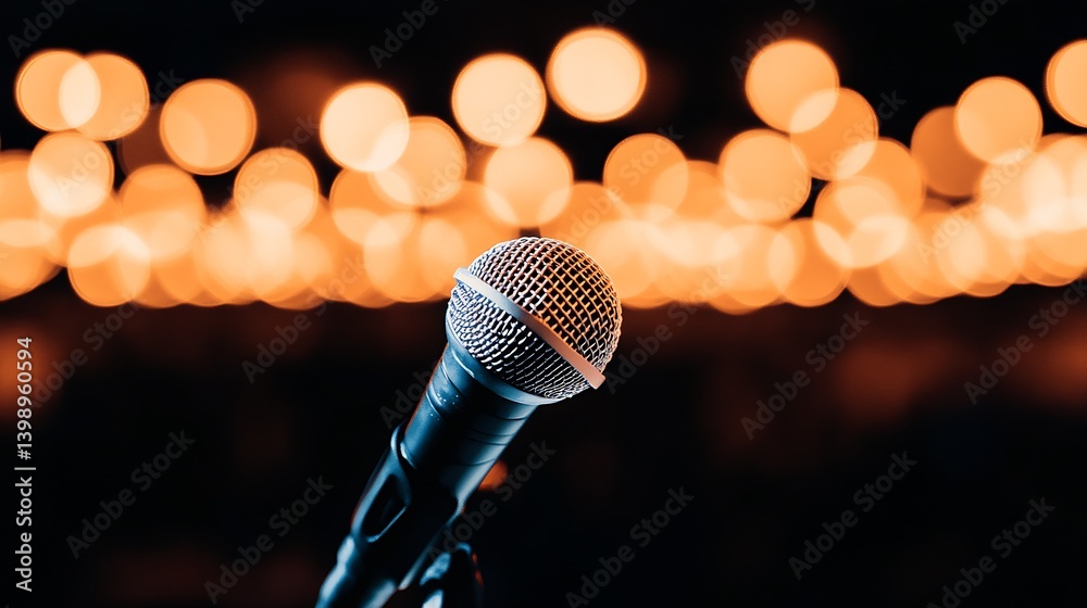 Poster Dynamic view of a microphone in front of dazzling bokeh lights for an electrifying musical vibe : Generative AI