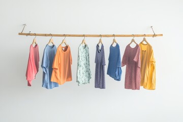 Colorful T-shirts on a Wooden Hanger