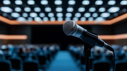 Close-up of a microphone positioned in front of an audience, enhancing the atmosphere of a formal presentation or lecture setting : Generative AI
