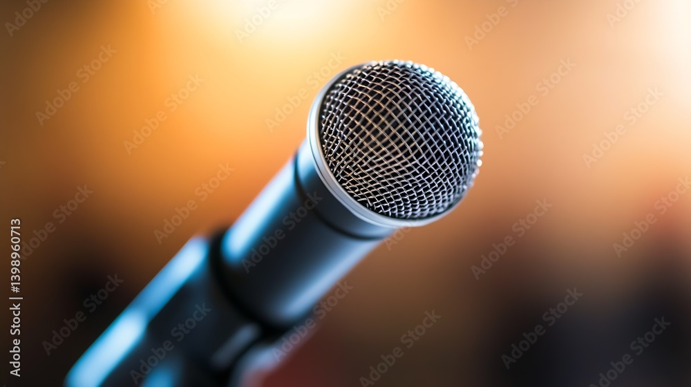 Poster Detailed View of a Microphone Capturing Sound with a Warm Glow in the Background : Generative AI