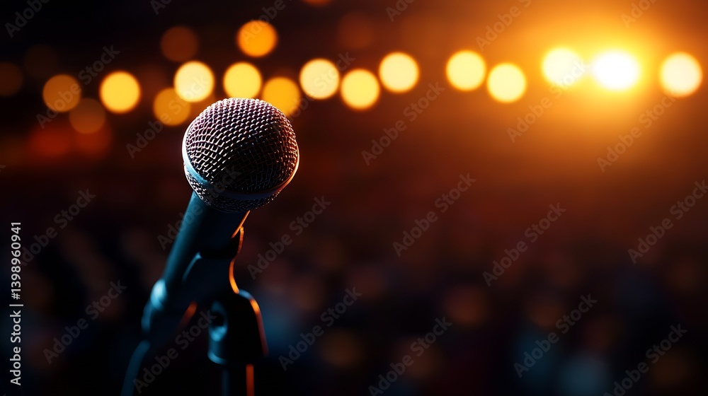 Aufkleber Artistic shot of a microphone capturing the essence of live performance with glowing lights in the background : Generative AI