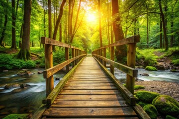 Majestic Forest Footbridge: High-Resolution Photo of Wooden Bridge in Lush Woodland
