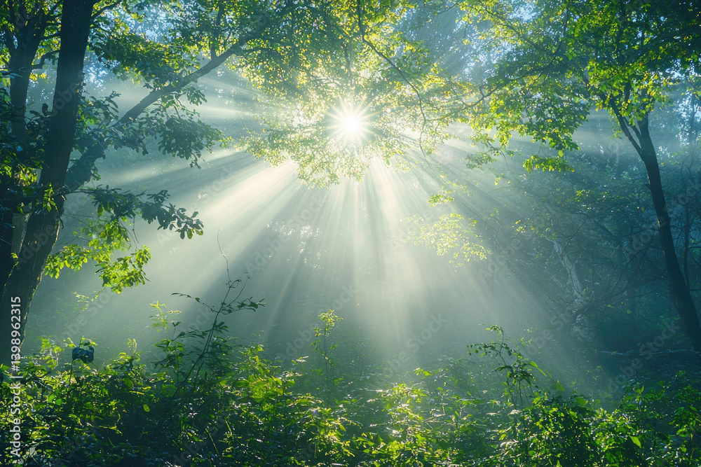 Poster sunbeams pierce through a misty forest canopy, illuminating lush green foliage and creating a magica