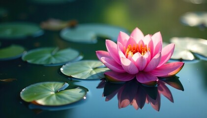 Intricate floral pattern on lake surface; delicate petals, vibrant hues, bright, plant