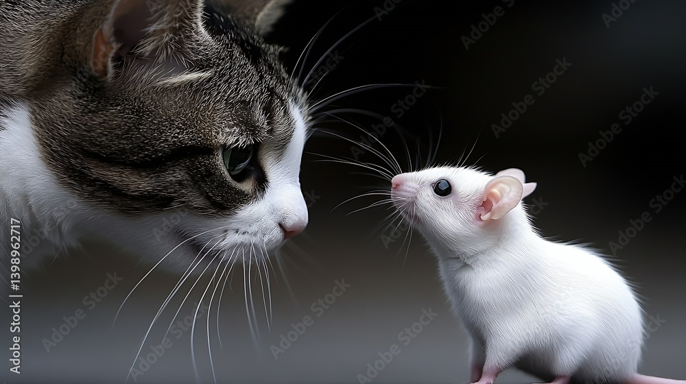 Poster A delightful close-up of a curious cat and a small mouse showcasing an engaging encounter : Generative AI