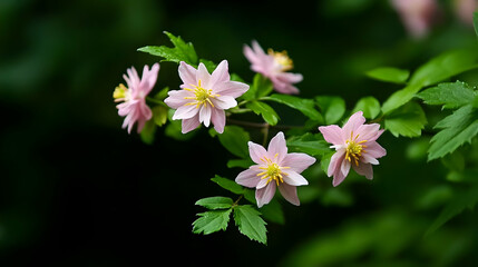 Obraz premium Delicate Pink Flowers On Branch With Green Leaves