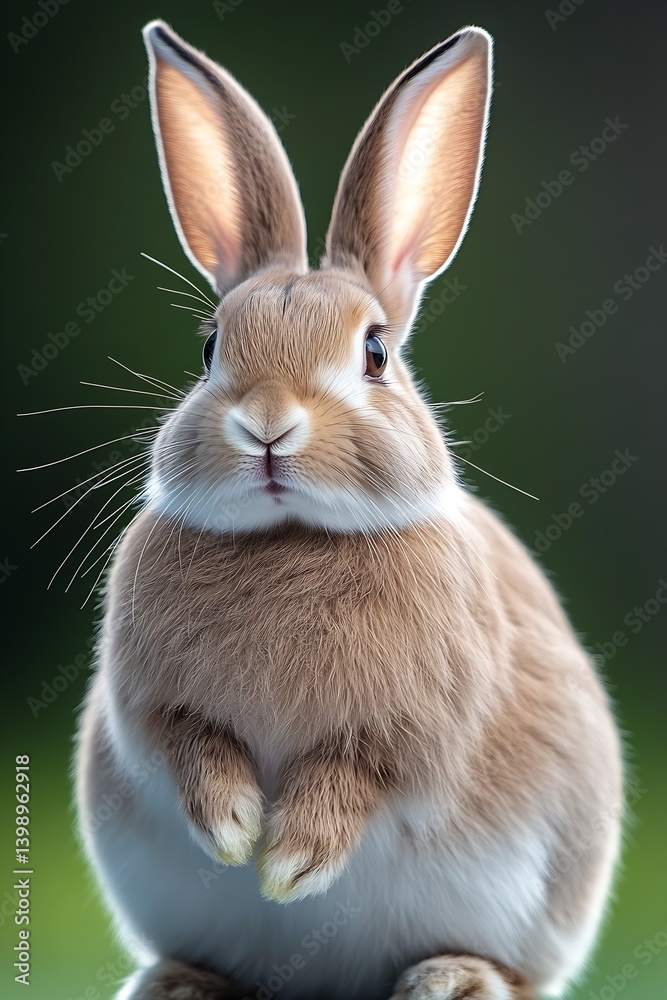 Poster Charming Frontal View of a Soft Bunny Sitting Comfortably with a Gentle Expression in Nature : Generative AI
