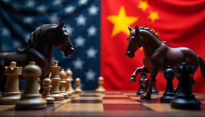 United States and China play chess, and the two countries compete economically, trade and politically , American tariffs symbol US government taxation imports and exports by a government generative ai