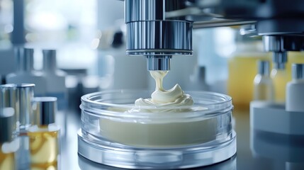 Automated cosmetic cream production.  A high-tech machine dispenses a creamy substance into a glass bowl.  Surrounding containers suggest a modern beauty manufacturing facility