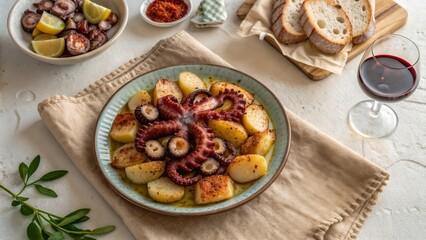 Pulpo a la gallega with potatoes and paprika on rustic plate
