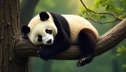 Obraz premium Lazy Panda Bear Sleeping on a Tree Branch created with generative ai