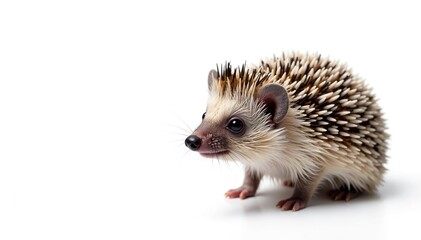 Naklejka premium Close-up of a solitary hedgehog on a bright white backdrop, portrait, mammal