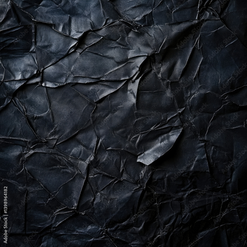 Poster close-up of dark, crumpled paper texture; deep shadows and intricate folds.