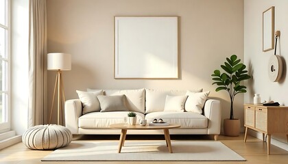 Interior design of living room with mock up poster frame, sofa, glass coffee table, beige wall, pouf, rattan sideboard created with generative ai