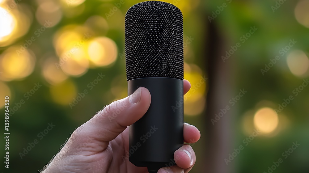 Poster a sleek microphone held in a hand signaling preparation for an impactful vocal delivery : generative