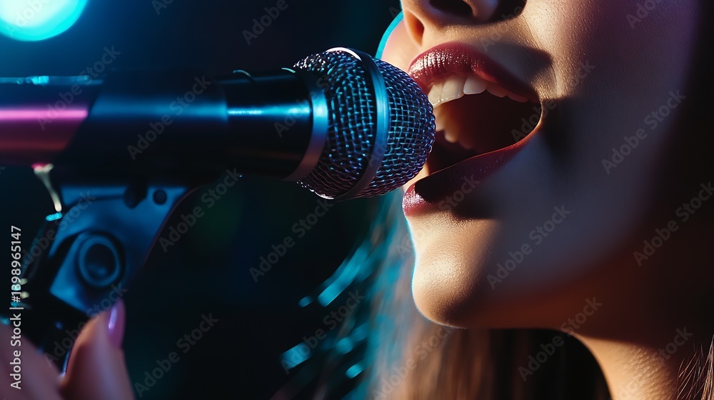 Poster Close-up Shot of a Female Vocalist Holding a Microphone While Singing with Passion : Generative AI