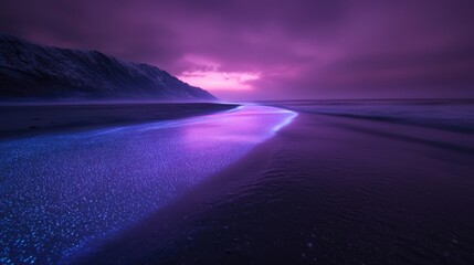 Mystical beach at twilight, glowing bioluminescent water