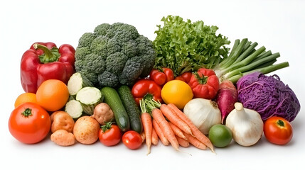 Assortment Of Colorful Fresh Fruits And Vegetables On White Background