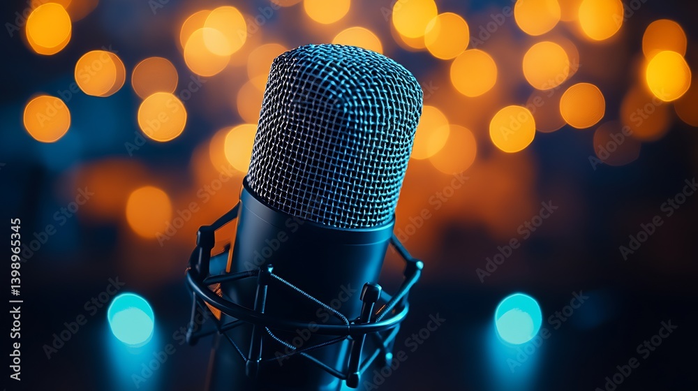 Poster Close Up of a Microphone with Soft Blurred Lights in the Background for Music Events : Generative AI